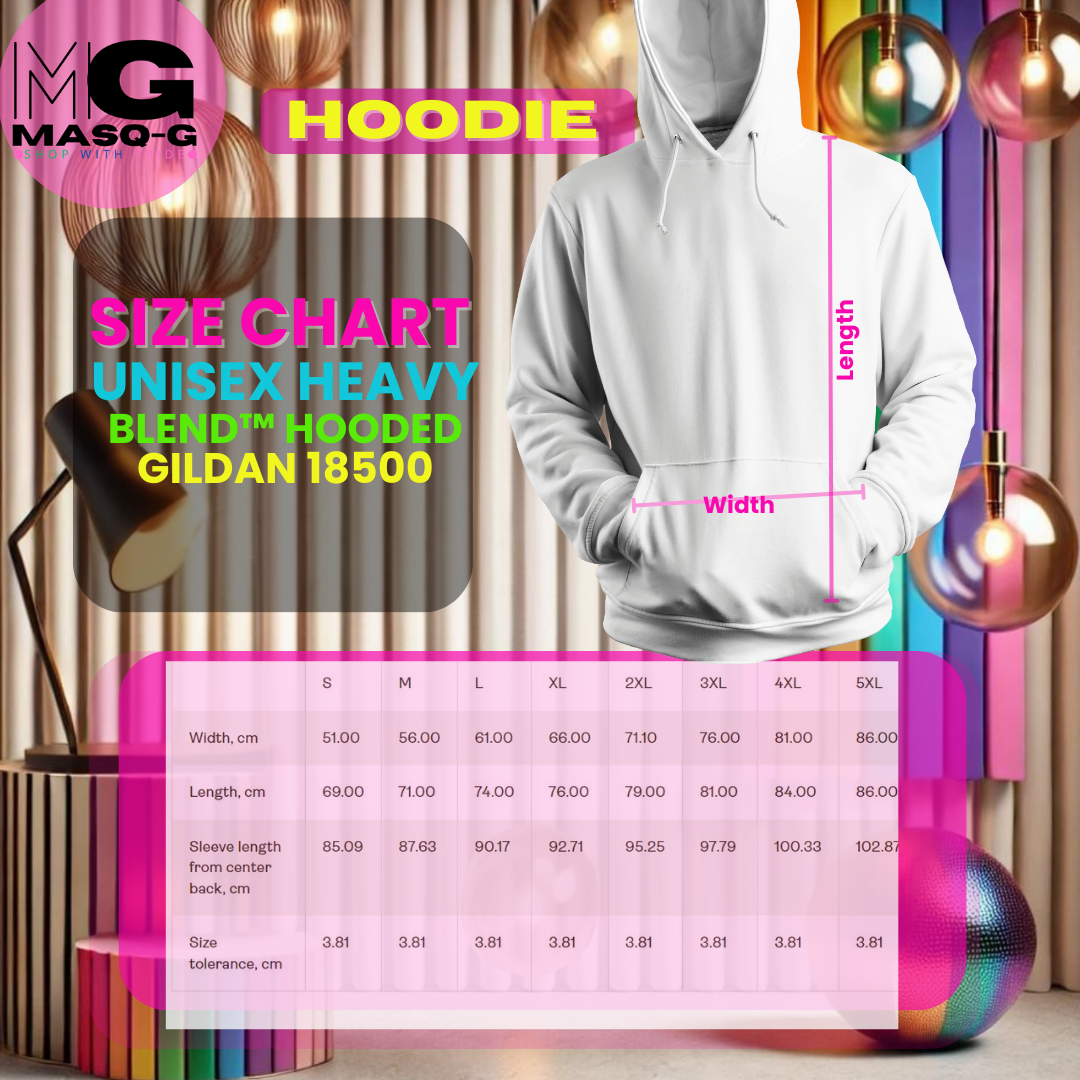 "Maattabel voor MASQ-G Pride Wear hoodie, model Gildan 18500, met duidelijke afmetingen voor een comfortabele pasvorm."
