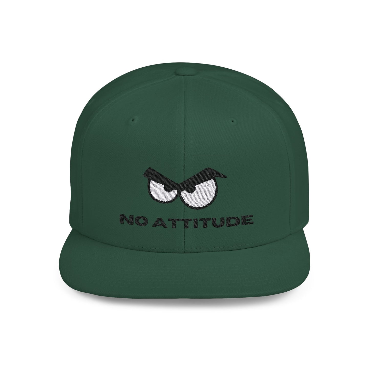 Een stoere spruce kleur snapback cap met een opvallend ontwerp van boze ogen. De pet heeft een platte klep en een verstelbare sluiting aan de achterkant. De woorden "No Attitude" zijn in een gedurfde stijl op de voorkant geborduurd, wat de cap een krachtige uitstraling geeft. De kleuren zijn donker en intens, waardoor de boze ogen extra opvallen. Perfect voor iedereen die een statement wil maken met hun hoofddeksel.