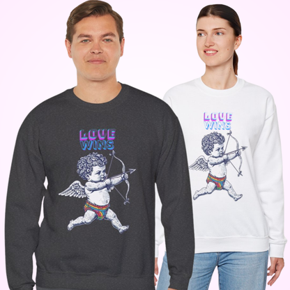 Een kleurrijke en vrolijke sweatshirt met de tekst "*Love Wins*" in regenboogkleuren. De letters zijn speels en groot afgebeeld op de voorkant van het shirt. Het sweatshirt straalt een boodschap van liefde en inclusie uit, perfect voor Pride-evenementen of om je support voor de LGBTQ+ gemeenschap te tonen. De regenboogkleuren zorgen voor een levendige en positieve uitstraling, waardoor het een echte blikvanger is.