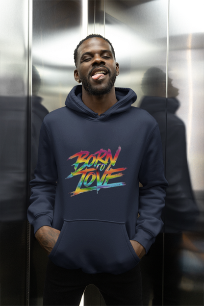 Een stijlvolle en comfortabele navy kleur hoodie met de tekst "Born to Love" in een moderne en speelse typografie op de voorkant. De hoodie heeft een capuchon met een trekkoord en een kangoeroezak aan de voorkant, ideaal voor dagelijks gebruik en geschikt voor alle geslachten. De zachte stof zorgt voor een aangename pasvorm en warmte tijdens koelere dagen. Perfect te combineren met casual outfits voor een trendy look.