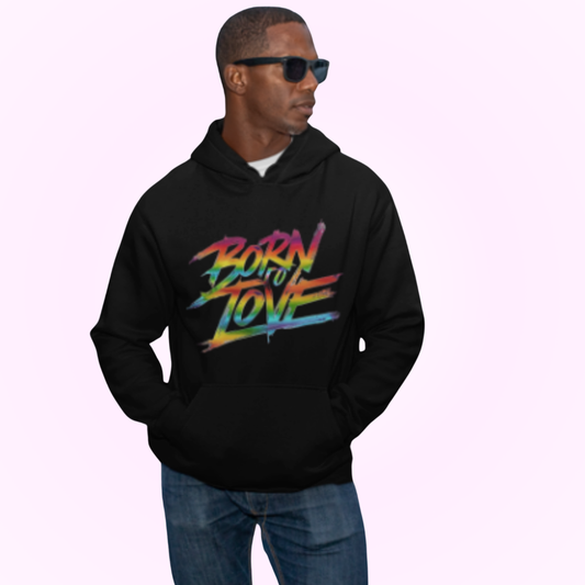 Een stijlvolle en comfortabele zwarte unisex hoodie met de tekst "Born to Love" in een moderne en speelse typografie op de voorkant. De hoodie heeft een capuchon met een trekkoord en een kangoeroezak aan de voorkant, ideaal voor dagelijks gebruik en geschikt voor alle geslachten. De zachte stof zorgt voor een aangename pasvorm en warmte tijdens koelere dagen. Perfect te combineren met casual outfits voor een trendy look.