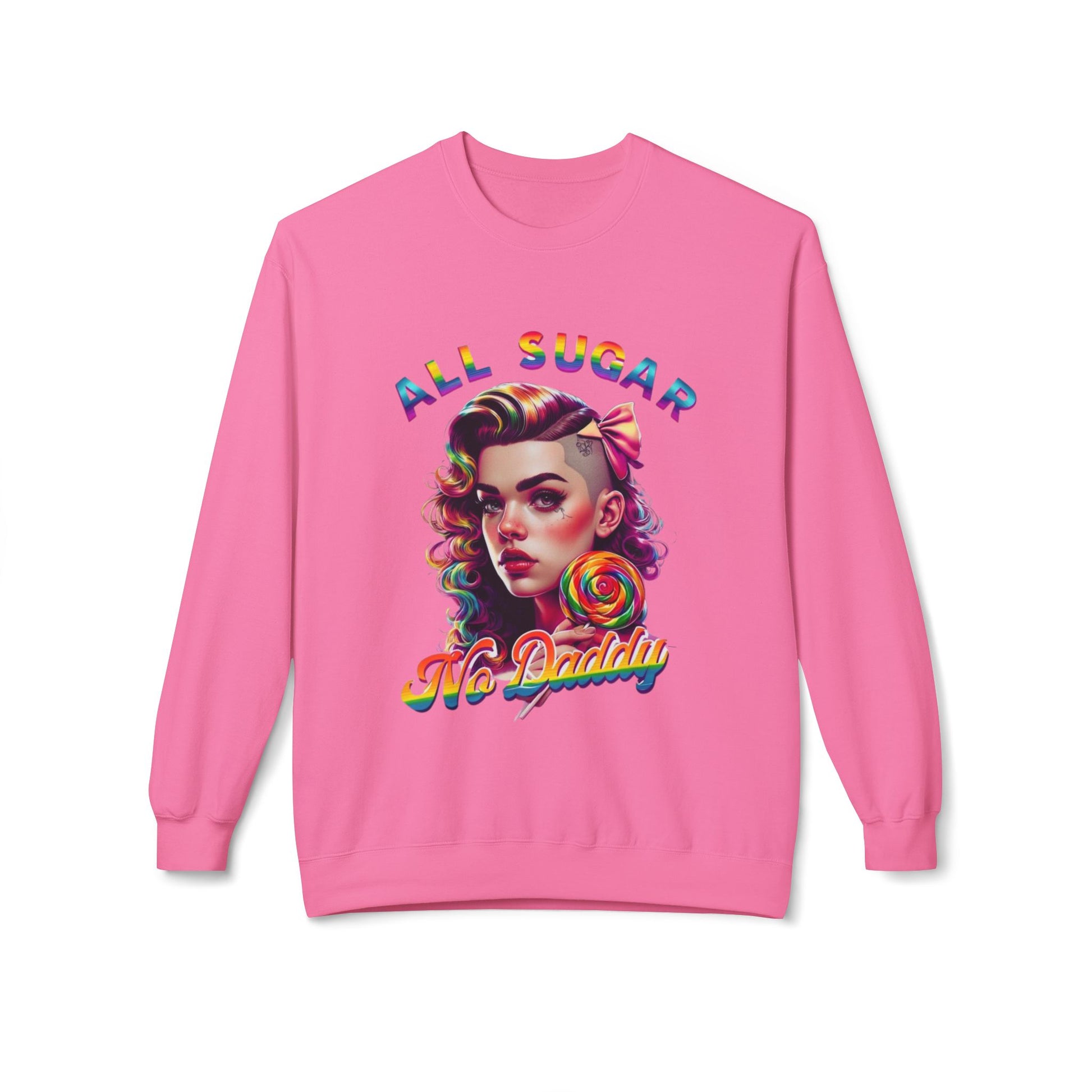 Een roze Pride sweatshirt met de humoristische tekst "All Sugar No Daddy" op de voorkant. Dit kledingstuk biedt een comfortabele pasvorm met verlaagde schouders en elastische geribbelde manchetten en zoom. Het is vervaardigd uit een zachte mix van 80% katoen en 20% polyester, en heeft geen zijnaden voor extra comfort. De levendige roze kleur van het sweatshirt is ontworpen om zowel stijl als een speelse sfeer aan de garderobe van de drager toe te voegen.