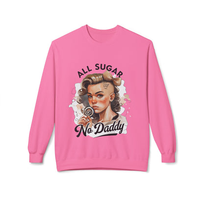 Een roze trui met een LHBTQIA+ thema. Op de trui staat de tekst "All Sugar, No Daddy" in kleurrijke letters, die de inclusiviteit en trots van de LHBTQIA+ gemeenschap vertegenwoordigt. De trui straalt warmte en comfort uit en is een modieuze keuze voor iedereen die zijn steun en identiteit wil uitdrukken.